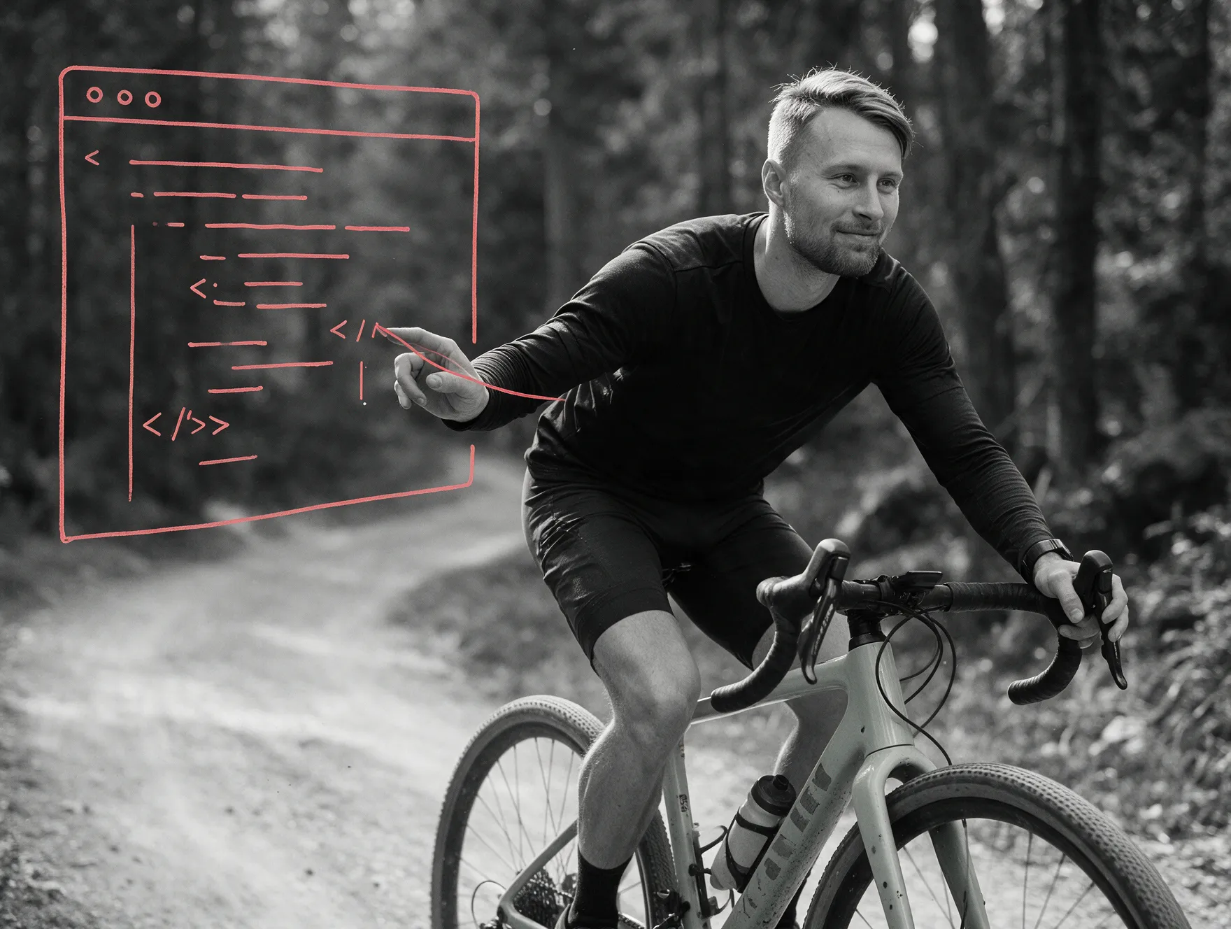 Ilustrace: Aleš jede na gravel kole lesní cestou a prstem kreslí do vzduchu okno s kódem.